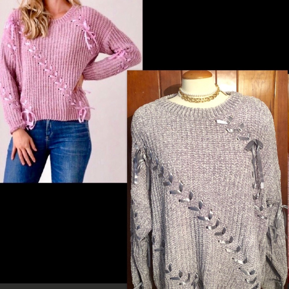 PLUS GREY SATIN LACED RIBBON SWEATER - Picture 3 of 9
